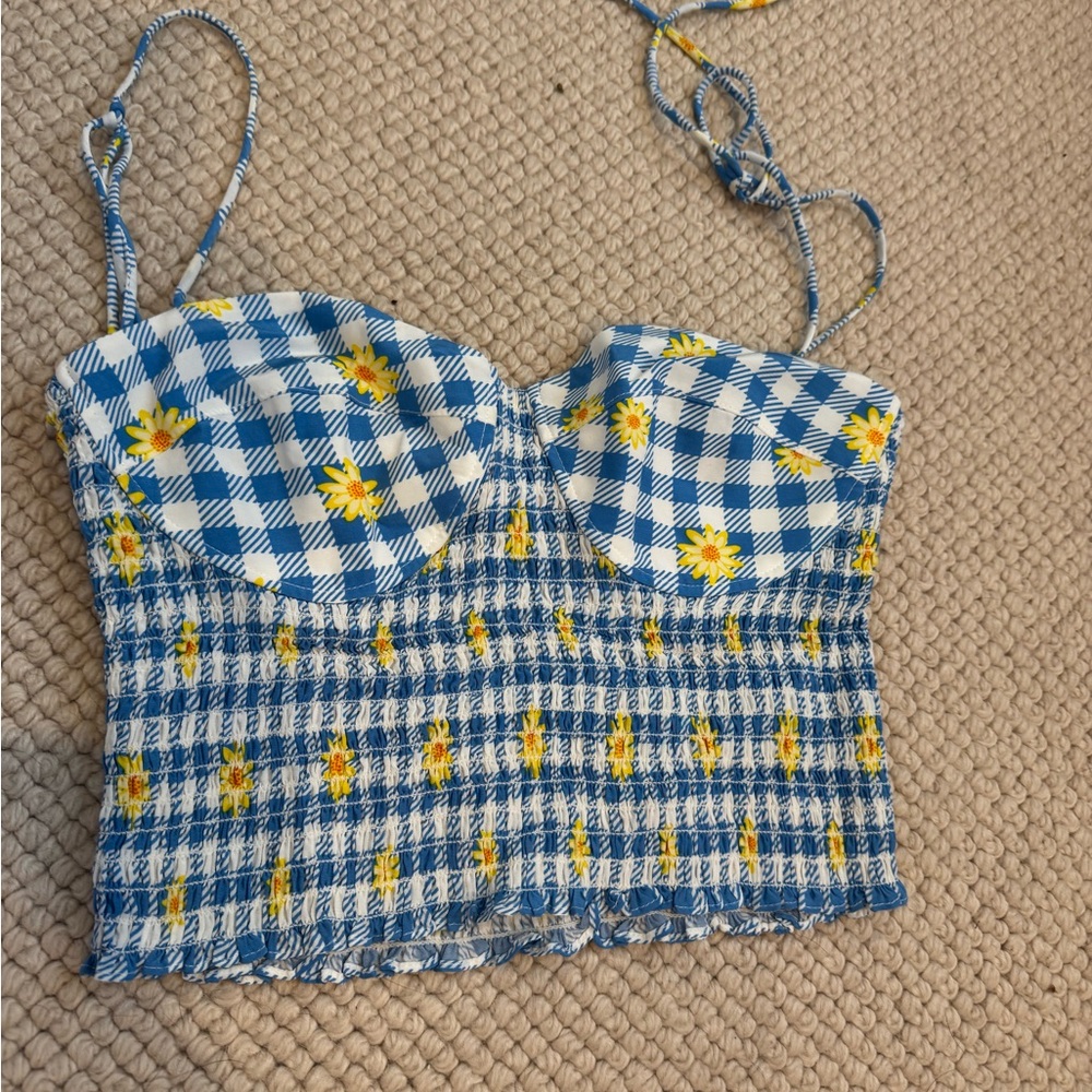 Blue Gingham Floral Smocked Bustier Crop Top